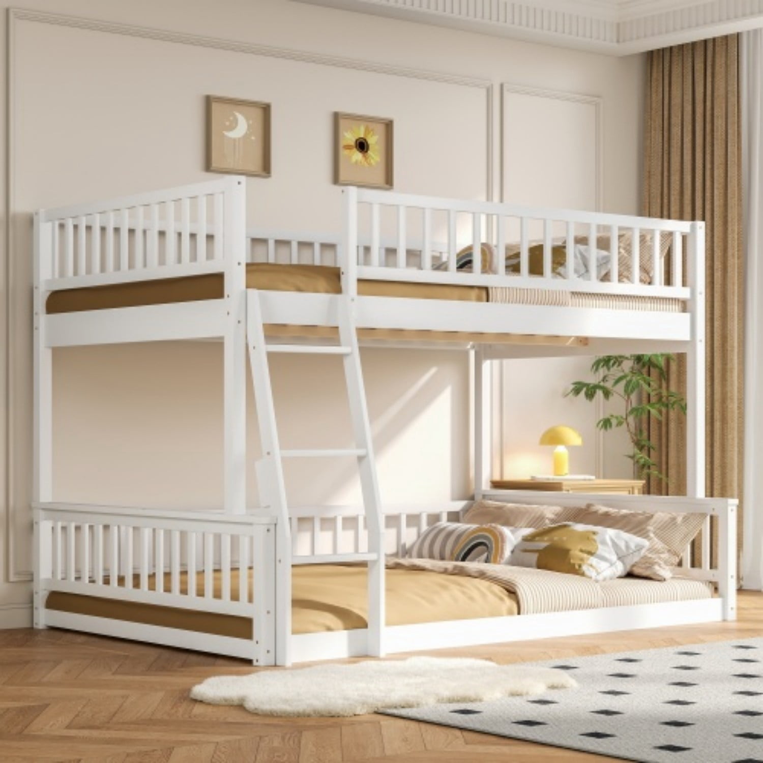 Full XL Over Queen Bunk Bed with Ladder, Convertible Wood Bunk Bed Frame with Safety Guardrails, Solid Pine Wood Space Saving Bed for Bedroom, White