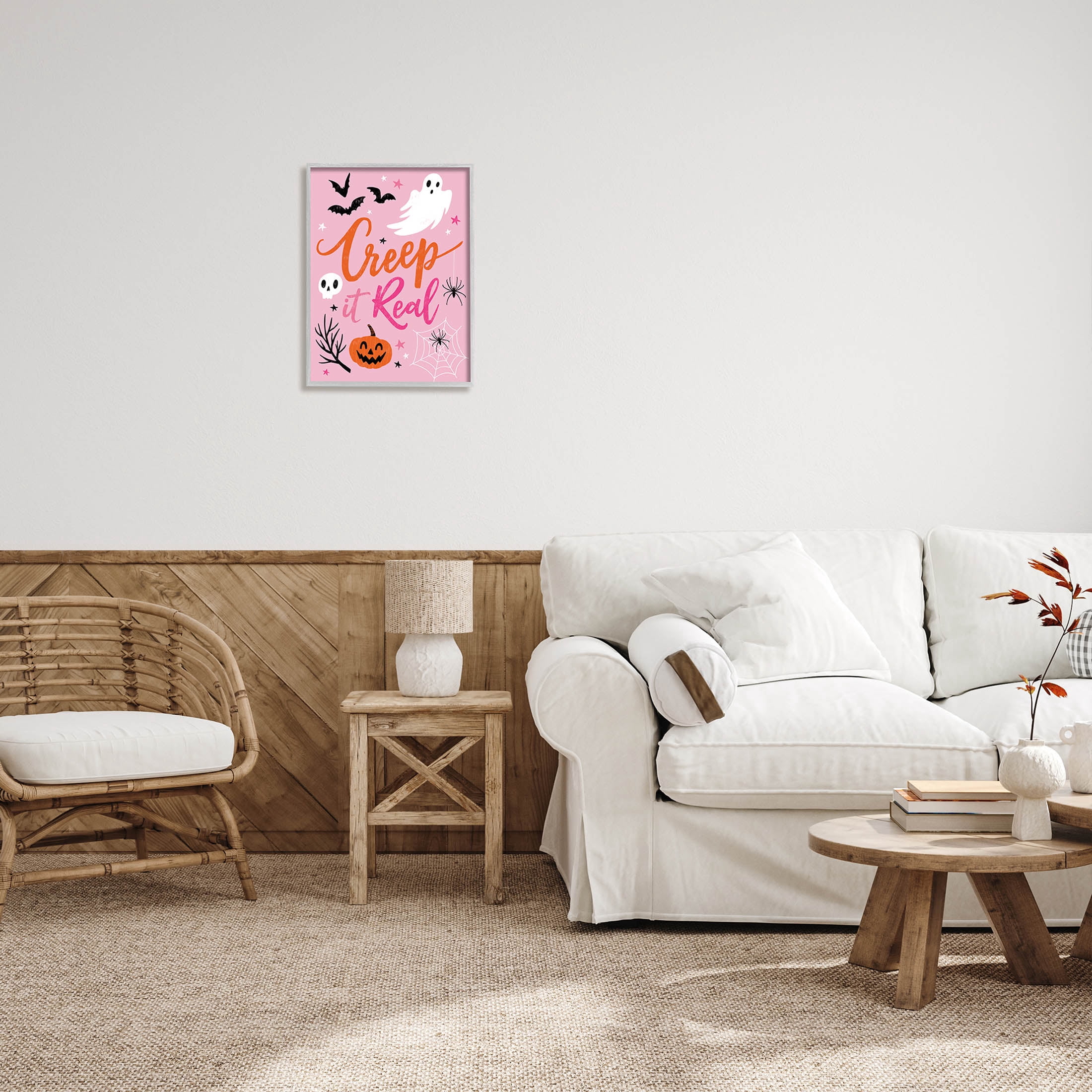 Creep It Real Pink Halloween Phrase Holiday Graphic Art Gray Framed Art Print Wall Art
