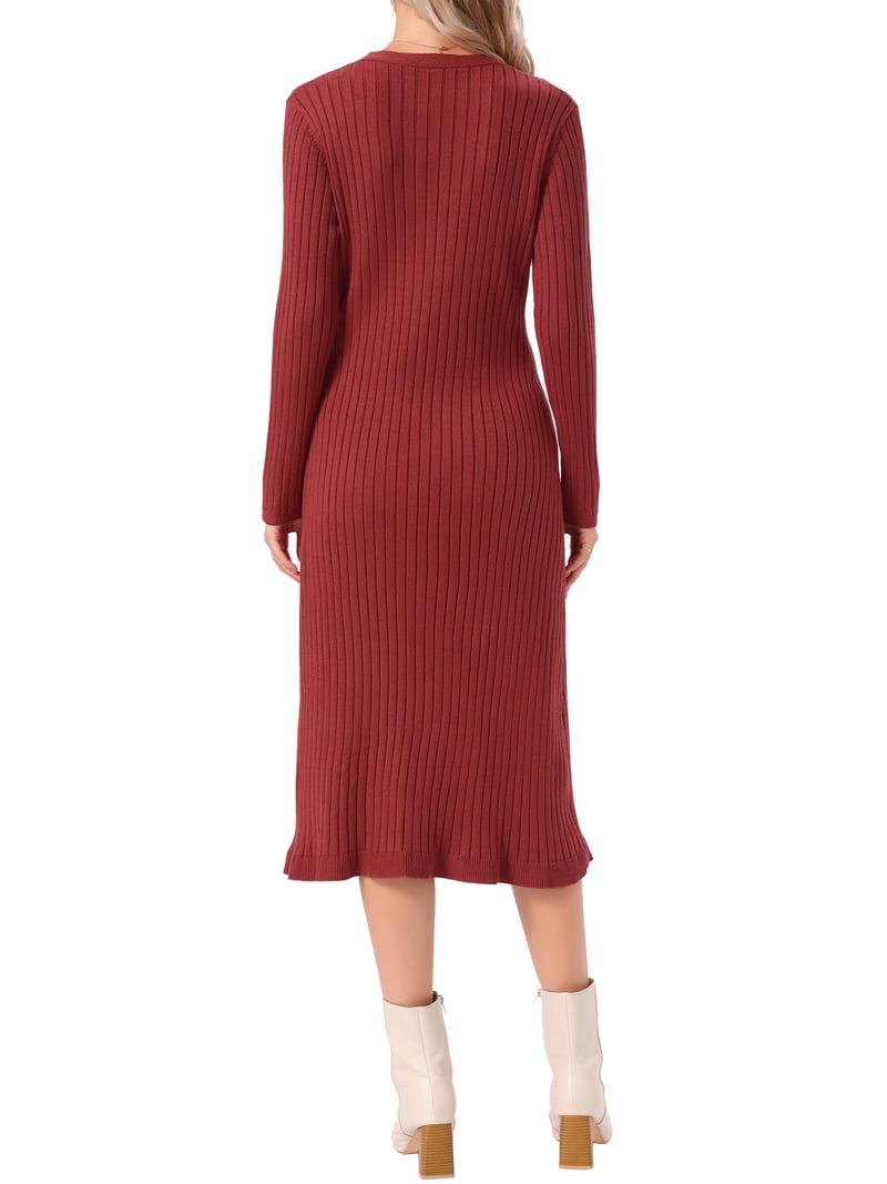 Inspire Chic Ribbed Knit Sweater Dress for Women's V Neck Long Sleeve Casual Fall Winter Pleated Hem A-Line Midi Dress XL Red
