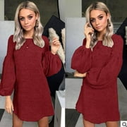 Autumn Winter Women Solid Knitted Sweater Dresses Fashion Loose O-neck Pullover Dress