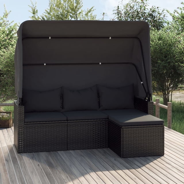 vidaXL Sofa de Jardin 3 Places avec Toit et Repose-Pieds Noir en Rotin Poly