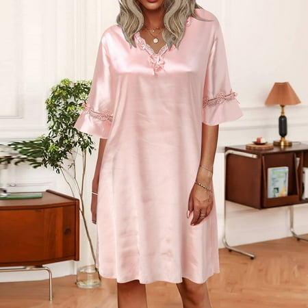 

dmqupv Night Gowns Women Casual Solid Dress Short Sleeve V Neck Lace Dress Pullover Loose Dress Ladies Night Shirt Pink XX-Large