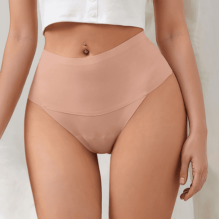 Fulorrnie Underwear for Women Plus Size Thong Breathable Seamless Panties High Waist Elastic Waistband Panty Khaki L