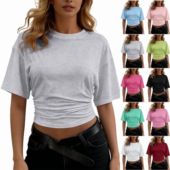 Smsaxvxz Summer Tops for Women Fashion Crew Neck Short Sleeve Side Pleated Shirts Casual Solid Loose Blouse Tops Gray M