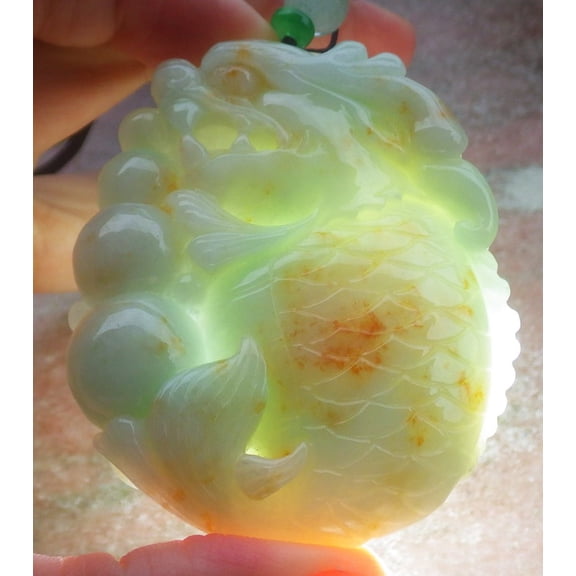 Yellow Green Natural A Jade jadeite Pendant Dragon Fish Coin Ruyi Necklace 687583 TN