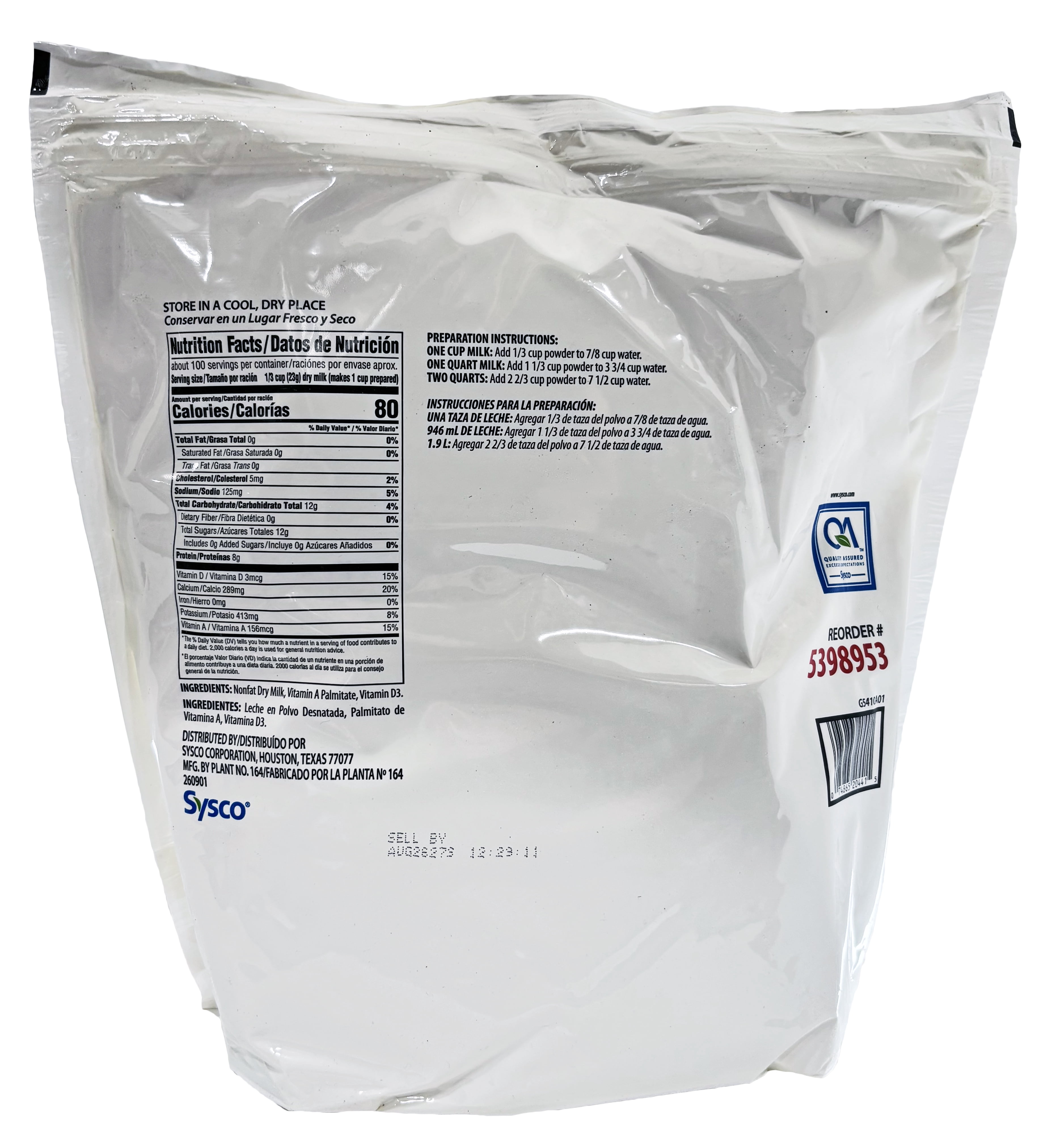 Sysco Classic Instant Nonfat Dry Milk | Fortified with Vitamin A & D | Kosher | 5 lb