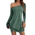 thumbnail image 2 of Womens One Shoulder Tunic Long Sleeve Solid Twist Hem Mini Dress Dressy Casual Loose Spring Summer Dress Green M, 2 of 9