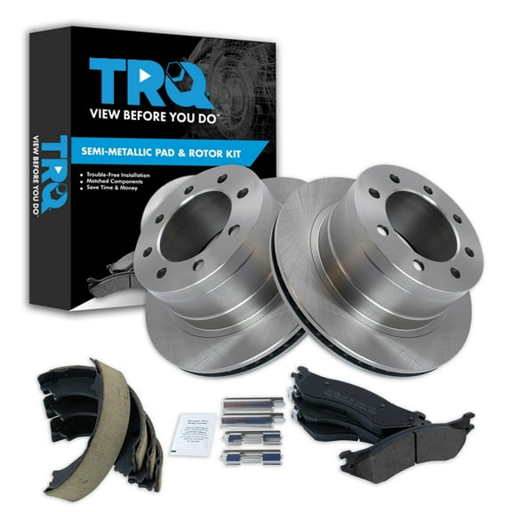 TRQ Rear Brake Pad & Rotor Kit Brake Pads Brake Rotor Parking Brake Shoe Set Semi-Metallic Fits Select 2003-2005 Dodge Ram 2500 Ram 3500