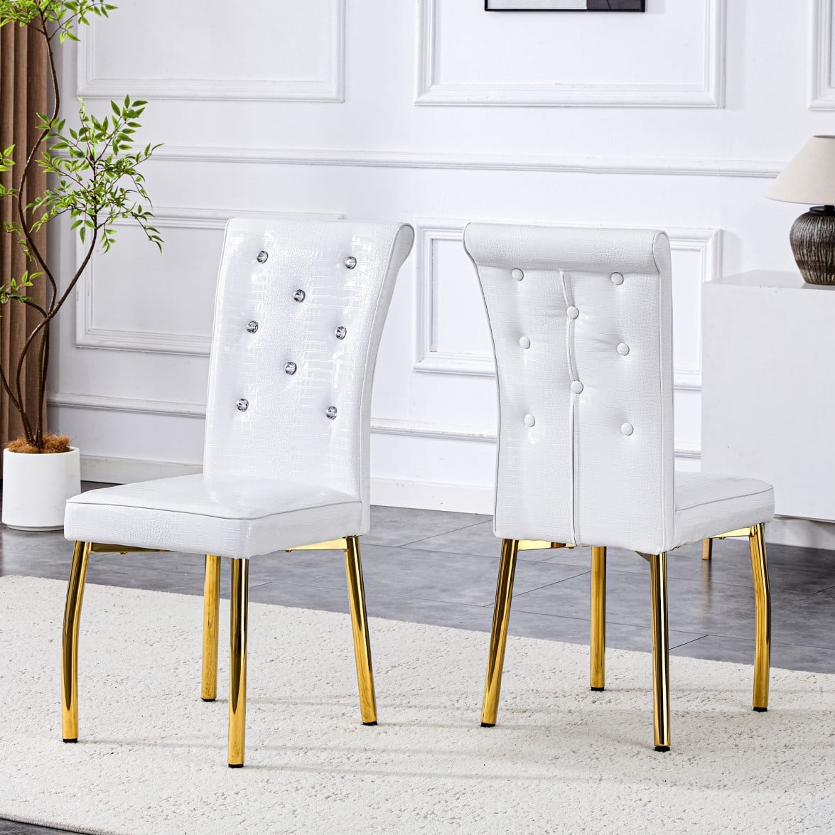 Set of 2 Retro Dining Chairs, Faux Alligator-Textured PVC Leather Upholstered Chairs with Crystal Button Details & G