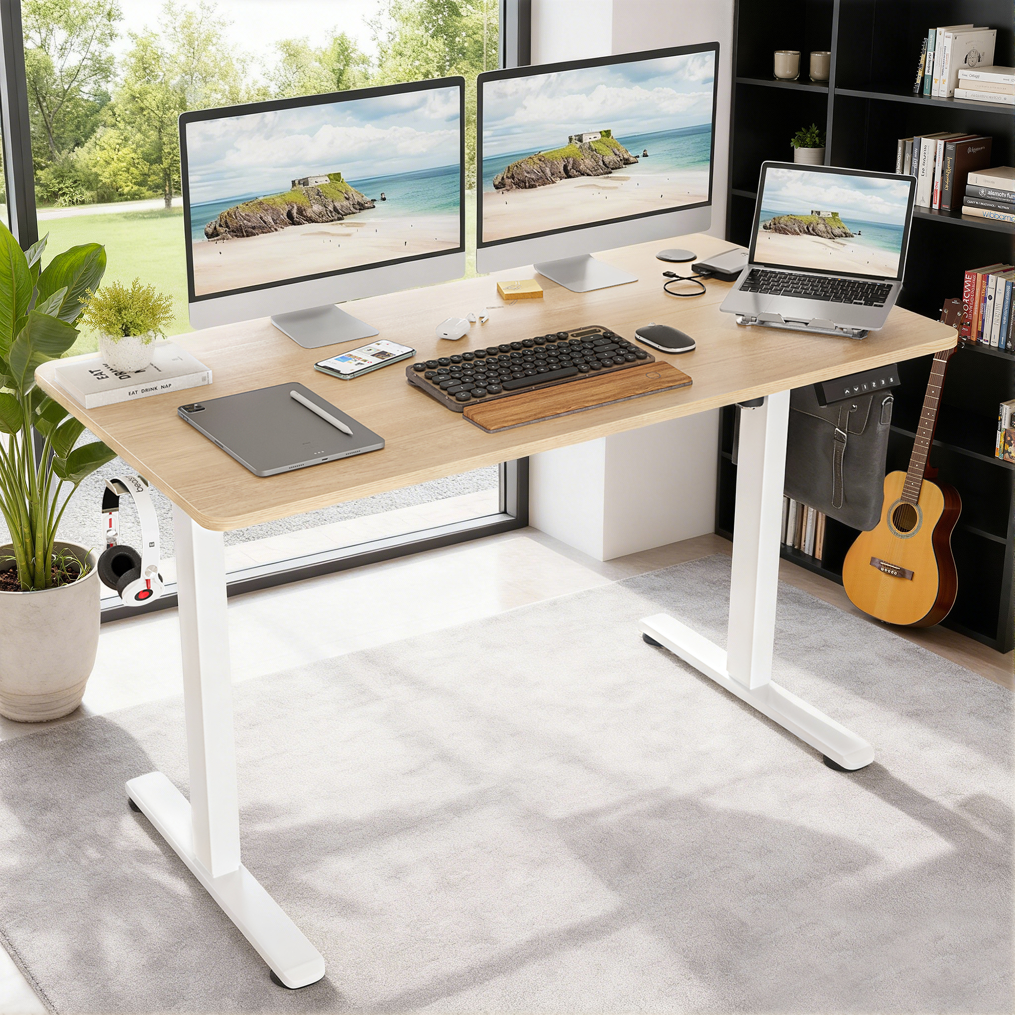 MAYEERTY 48×24" Electric Height-Adjustable Desk, Sit Stand Desk with Side Hooks for Home & Office, Nature