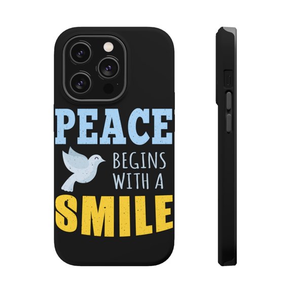 DistinctInk Tough Case for Apple iPhone 15 PRO (6.1" Screen), Compatible with MagSafe Charging - Peace Begins With A Smile