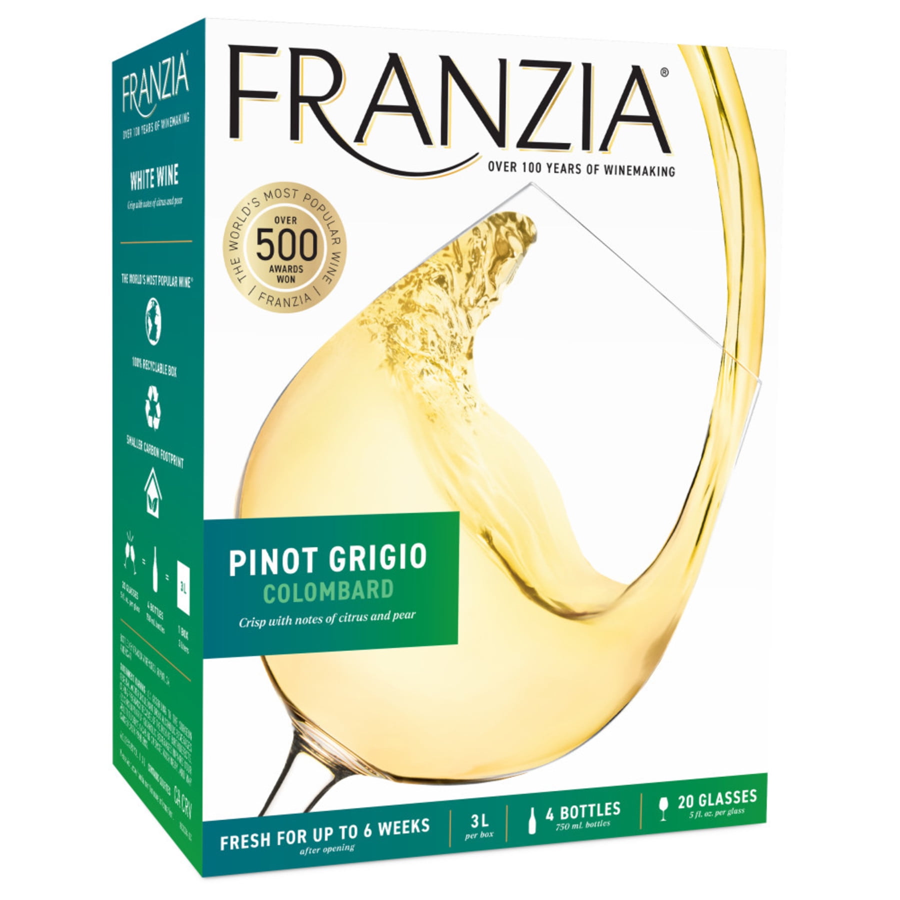 Franzia Pinot Grigio/Colombard White Wine, 3 L Bag in Box, 12.5% ABV