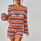 thumbnail image 2 of Conjunto de pantalones cortos de suéter para mujer Cómodo tejido ahuecado Bloque de color Cuello redondo Ropa diaria Hugtrwg Para estrenar, 2 of 9