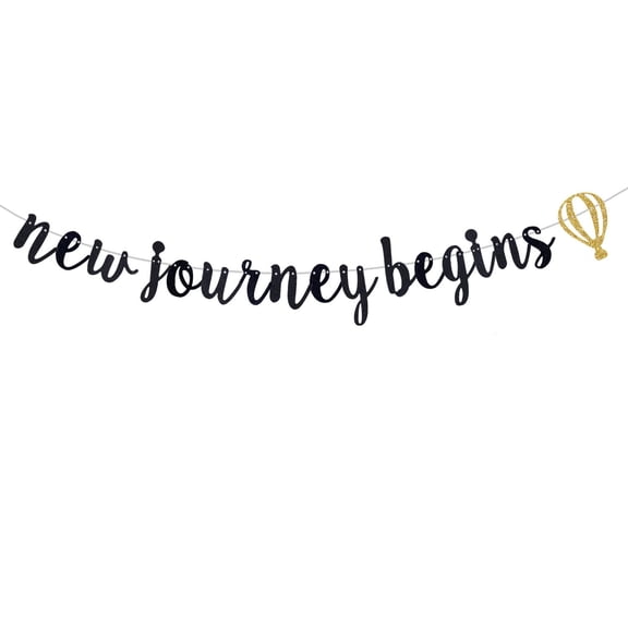 New Journey Begins Banner, Black Glitter Sign Decor for/Retirement/Baby Shower/Moving Away/Graduation/Travel/Farewell Party Decorations (Pre-Strung)