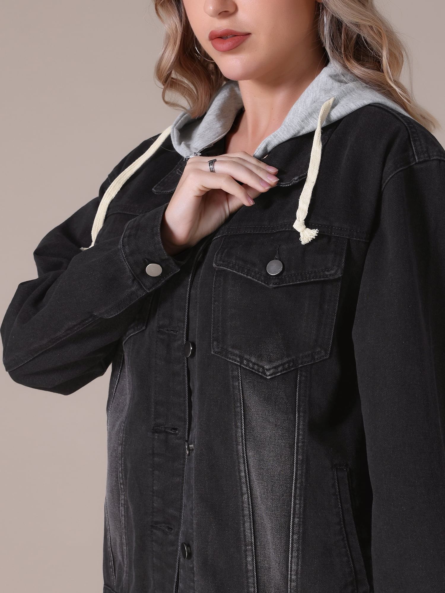 Unique Bargains Women's Denim Long Sleeves Jacket with Detachable Hoodie M Black
