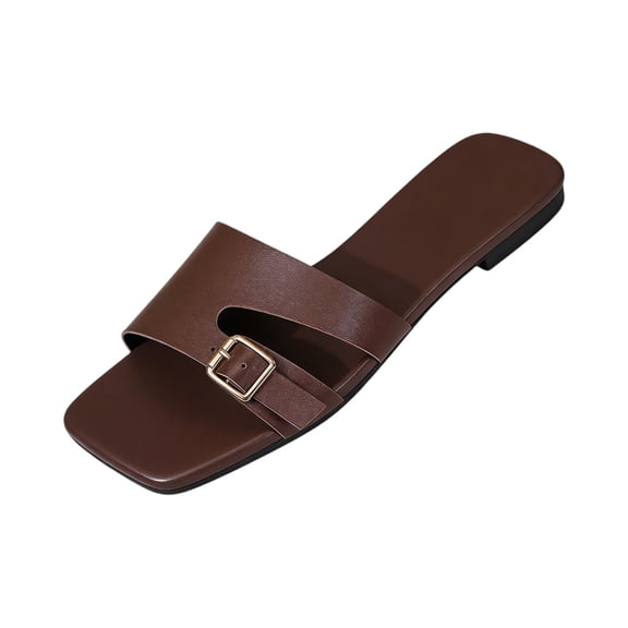 Domuza Flat Slides for Women Lightweight Non-Slip Solid Color Square Toe Slip-On Sandals for Home Beach Pool Shower Coffee 5.5(EU-36)