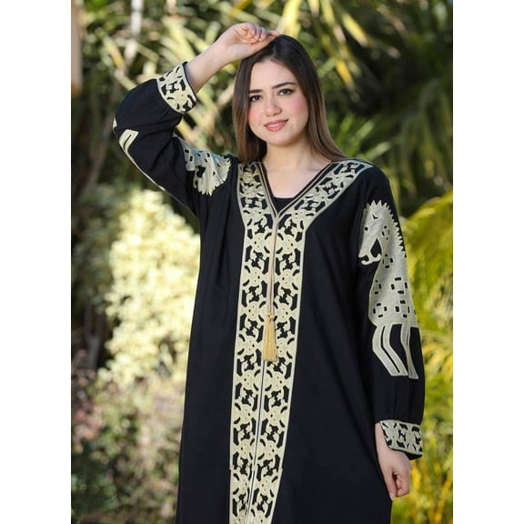 Classy Black embroidered, Egyptian cotton caftan, maxi dress comfort wear Materials: Egyptian cotton, Size: L, Color: Black