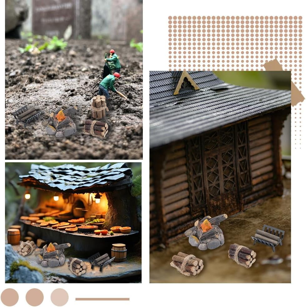 Zunate Ensemble de Bois de Chauffage Miniature pour Maison de Poupée avec Feu de Camp simulé, Support de Maison de Poupée pour Cuisine de Campagne Vintage, Accessoires de Cheminée en Bois pour