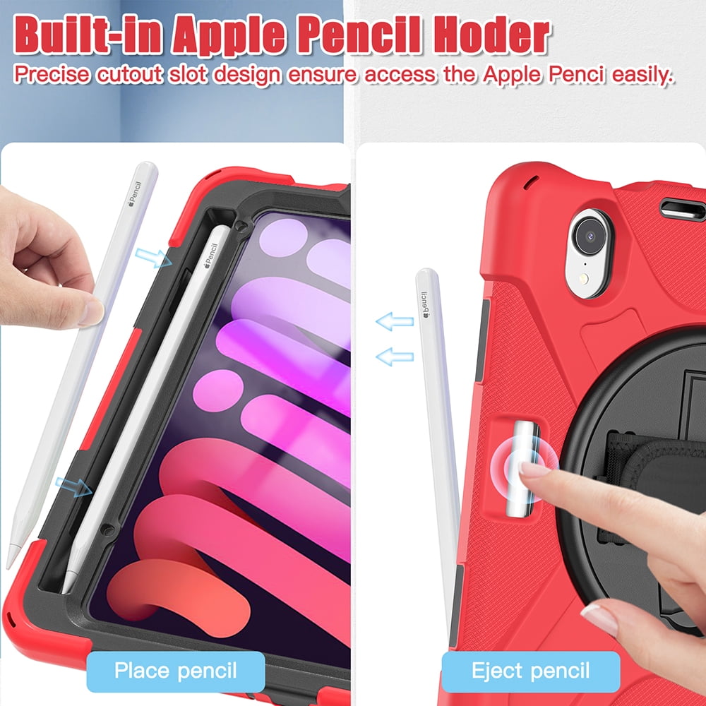 For Apple iPad Mini 6 (2021) Heavy Duty Rugged Hybrid with Kickstand, Shoulder Hand Strap, Pencil Holder Shockproof Full Protective Cover ,Xpm Phone Case [Red]