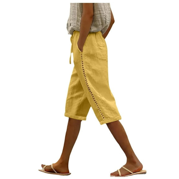 vigerkar Cotton Linen Shorts for Women Casual Loose Beach Pants Summer Linen Bermuda Shorts Pants Women Plus Size Yellow, XXXL