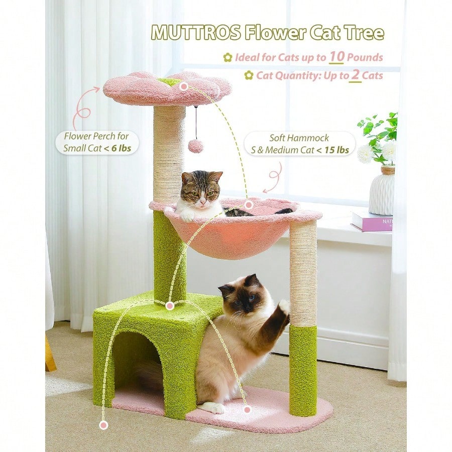 Flower Cat Tree With Large Metal Frame Hammock 35 Cute Cat Tower With Sisal Scratching Posts For Small Indoor Cats Cat Condo With Pink Top Perch For Kittens Pink