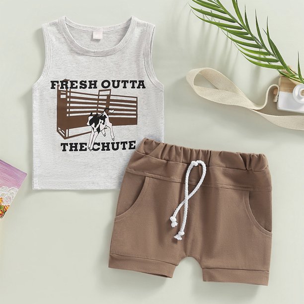 Conjunto De Trajes De Ropa De Verano Baby Boy Printed Tank Tops Pantalones cortos 2 piezas Ropa para niños Trajes (Gris 18-24M) Cgtredaw Para estrenar
