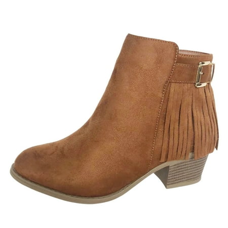 YHGFVOKJ Boots for Women Vintage Western Cowboy Boots Thick Heels Mid Heels Elastic Low Cut Tassel Ankle Boots Shoes Boots with Heels for Women Brown 37