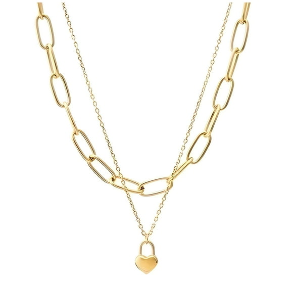 Paperclip Chain Layered Necklace for Women Heart Lock Pendant Gold over Stainless Steel Adjustable up to 21"