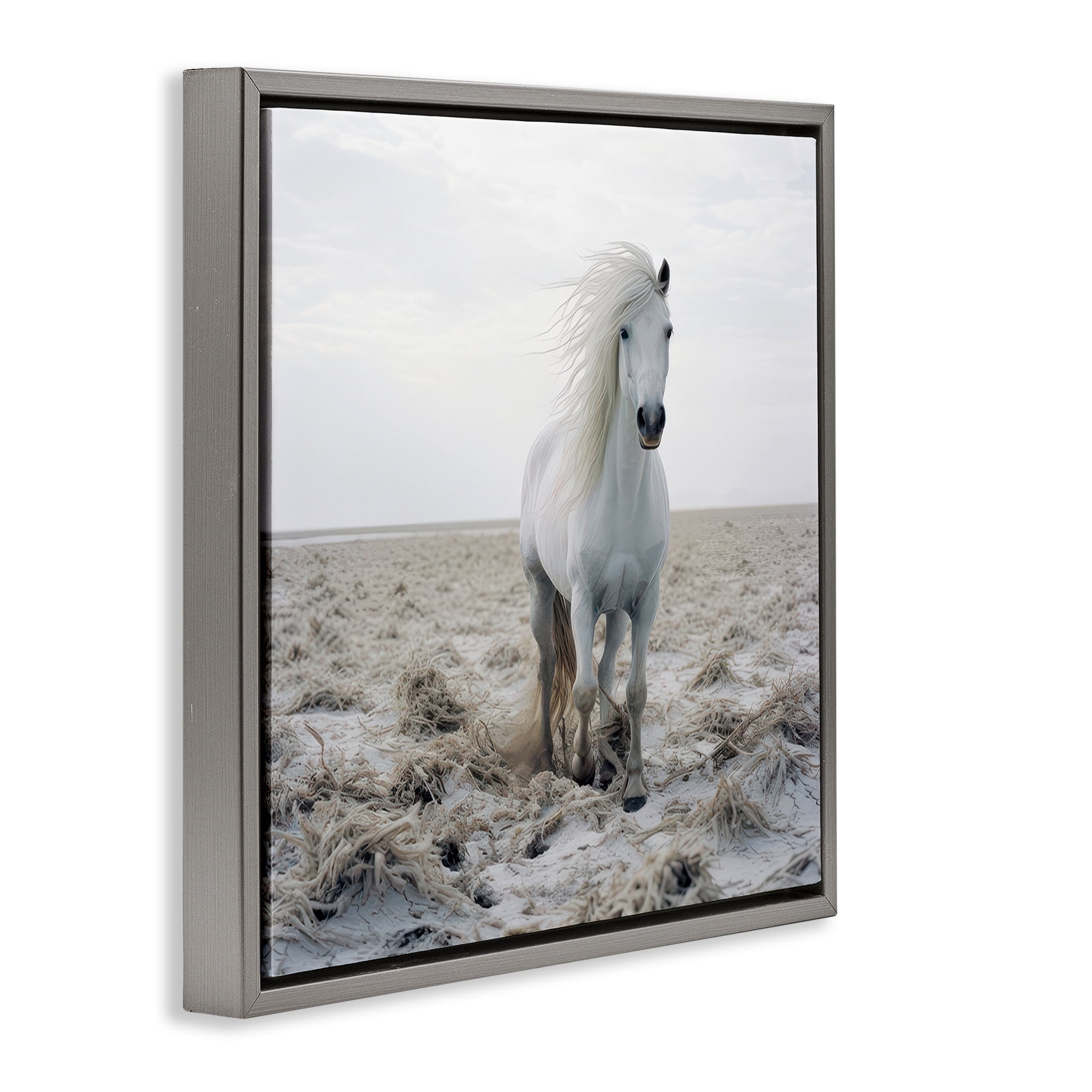 Stupell Industries Windswept Beach Horse Animals Photography Gray Floater Framed Canvas Art Print Wall Art, 25 x 25