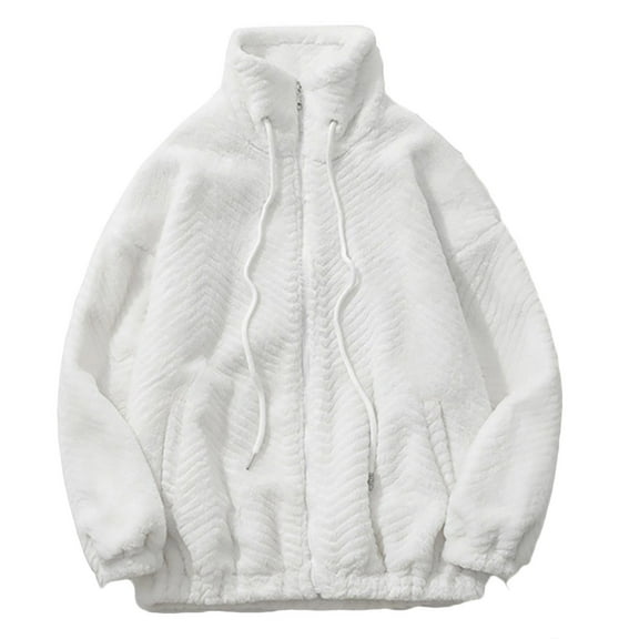 Holloyiver The New Fashion Casual Autumn And Wnter Stand Collar Plush Zipper Coat For Men With Fleece Long Sleeve Hoodless Casual Outwear & Jackets White