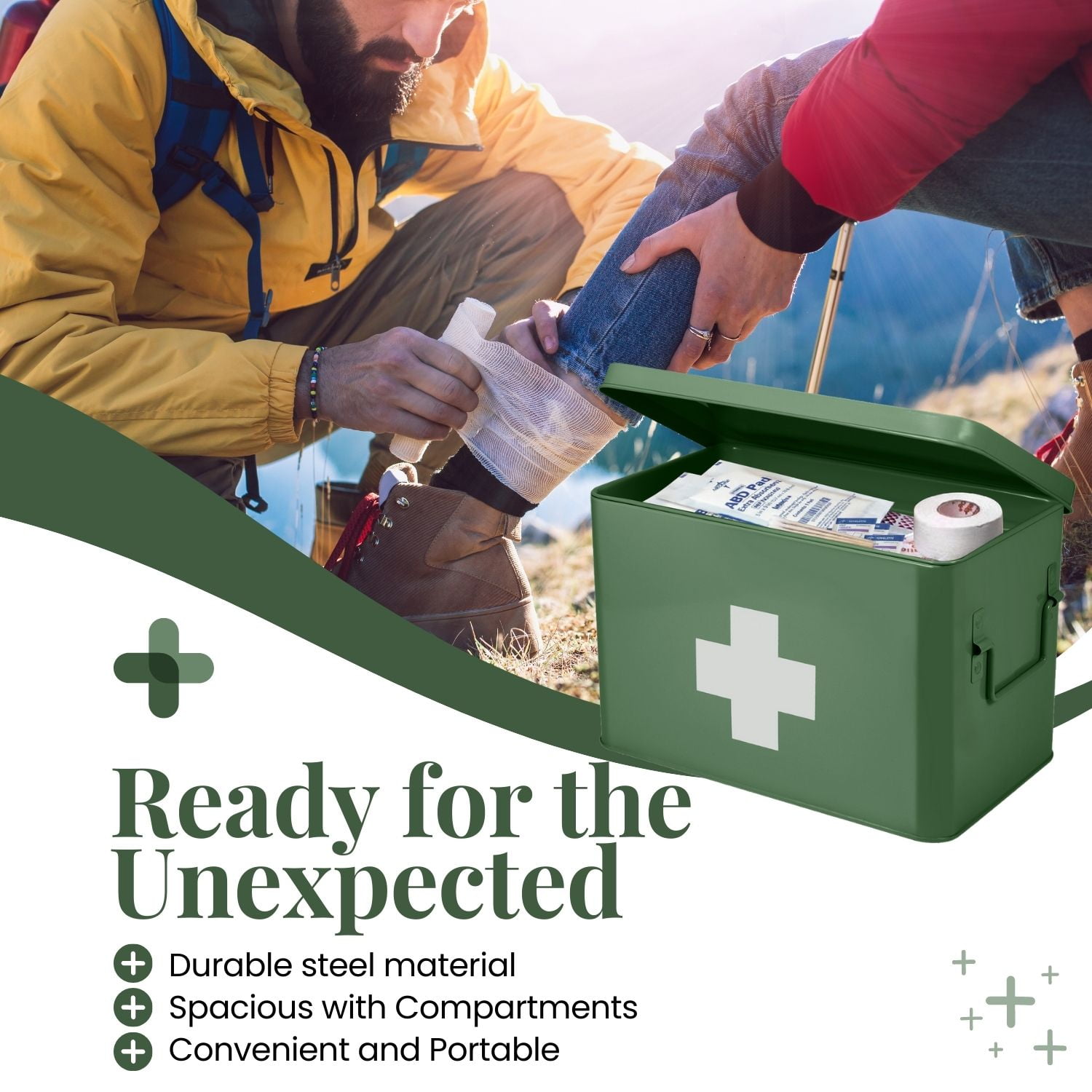 First Aid Medicine Box Supplies Kit Organizer - 12.5" Green Metal Tin Medic Bin Hard Case with Removable Tray Handle Storage Compartment, Vintage Antique Empty Boxes for Home Family Emergency Tool
