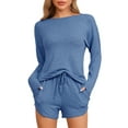 thumbnail image 1 of Conjunto de pijamas para mujeres INSPIRE CHIC de manga larga, con cintura elástica, parte superior y pantalones cortos, conjunto de ropa de casa con bolsillos, S, azul oscuro, 1 of 6