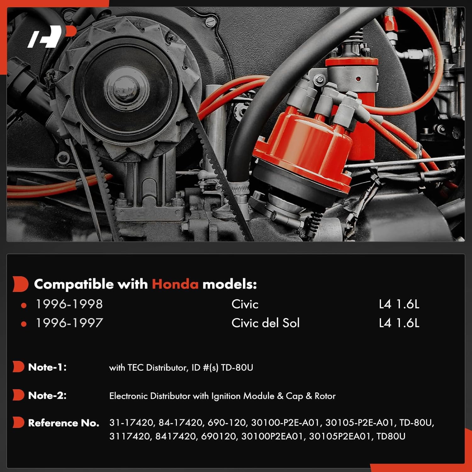 A-Premium Ignition Distributor with Cap and Rotor Compatible with Honda Civic 1996 1997 1998 Civic del Sol 1996-1997