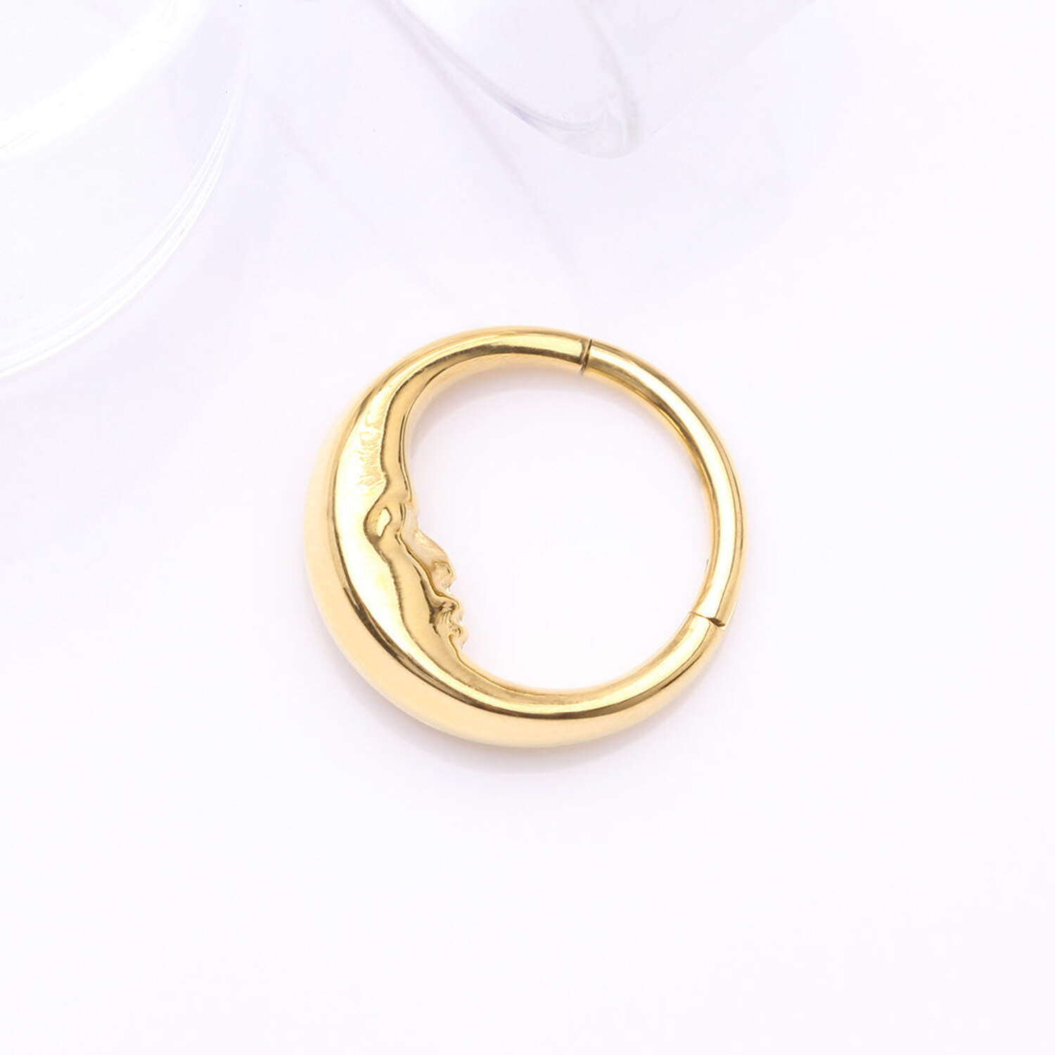 Pure24K Implant Grade Titanium Vintage Crescent Moon Face Clicker Hoop Ring