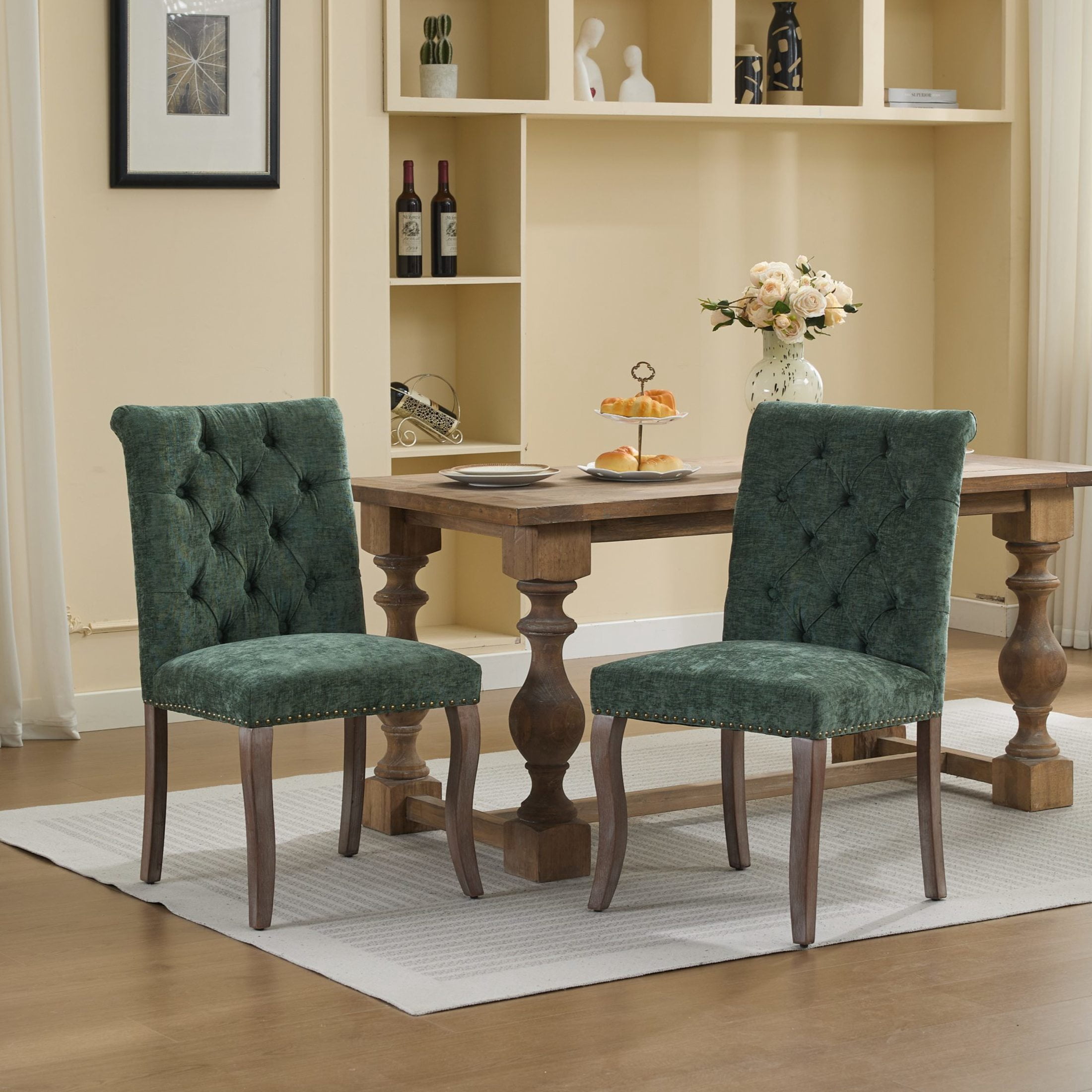 Noble House Set of 2 Tufted Chenille Upholstered Dining Chairs, Curved Solid Wood Legs, Olive Green