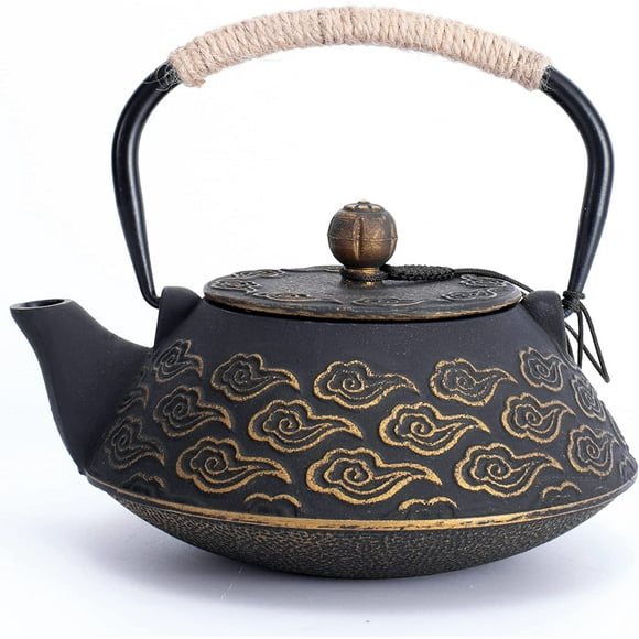 Cast iron teapot, Japanese teapot with leaf diffuser, 800ml teapot stove safe, enamel coated interior, cloud pattern 27oz black