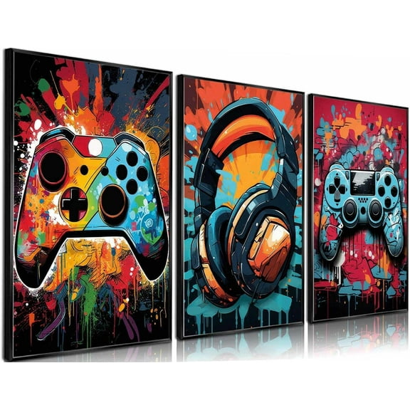3Pcs Cool Gaming Wall Art Retro Video Gamer watercolor Posters Pictures Colorful Neon Gamer pad Canvas Painting Prints for Boys Room Kids Gamer Room Bedroom for Boys Home Decoration