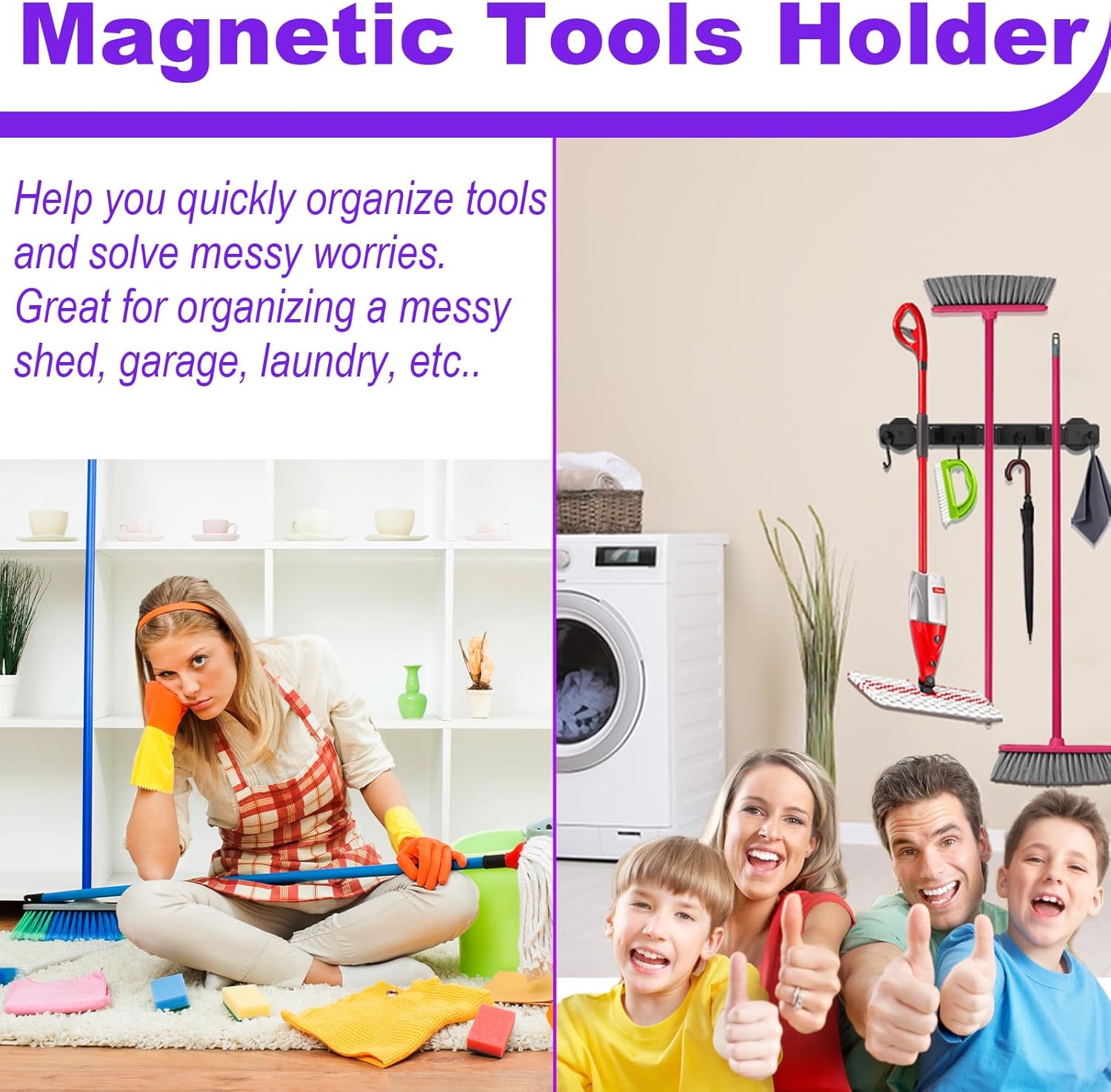 Magnetic Mop Broom Holder, Heavy Duty Magnetic Mop Hanger with Swivel Hooks for Cleaning Tools, Strong Magnet Mount Tool Hanger Organize System Utility Rack for Refrigerators Laundry Garage