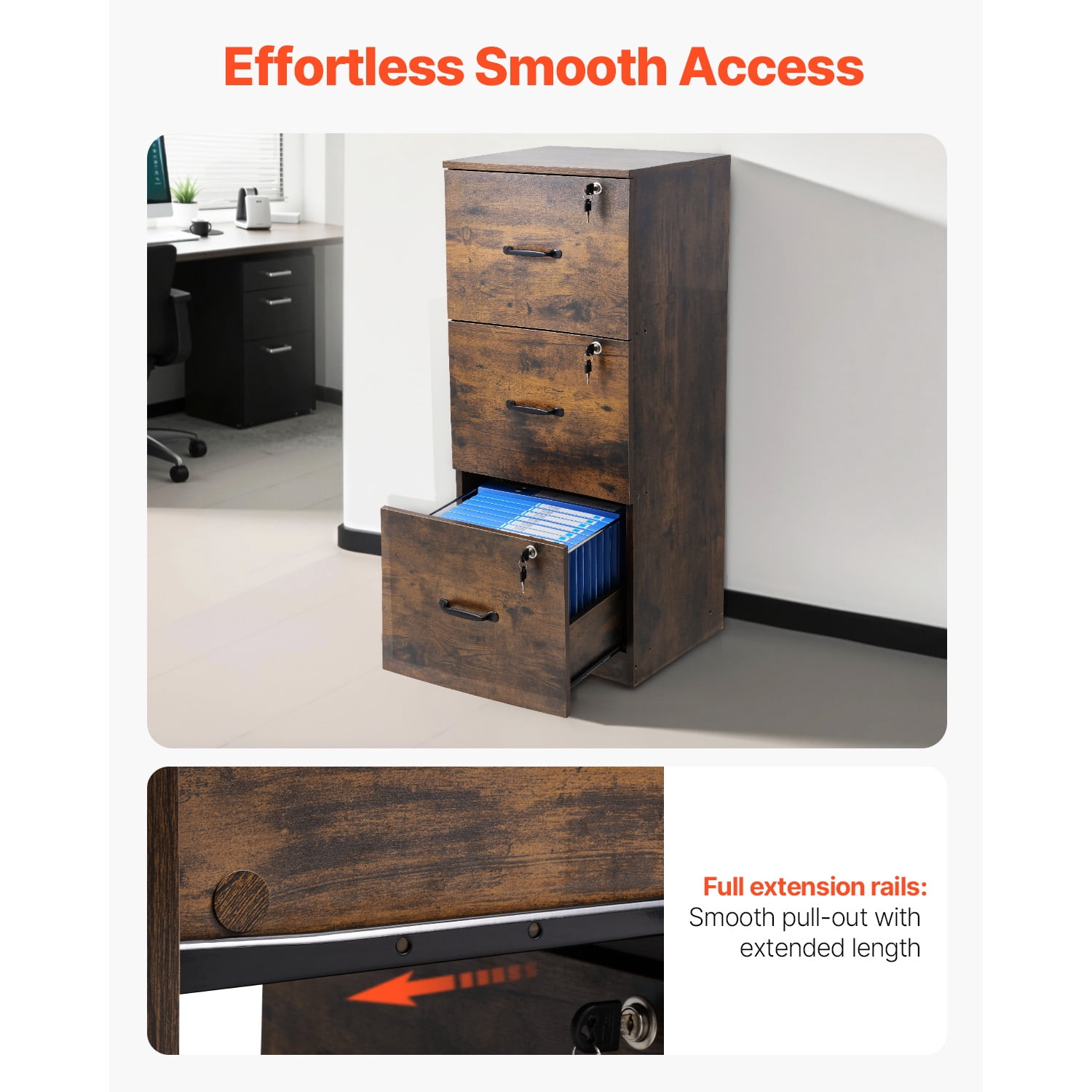 KFFKFF Lockable 3-Drawer File Cabinet, Metallic Vertical Storage Units for Residential Offices, Robust Cabinet with Dual-Stage Adjustable Rod for A4/Letter/Legal Size Documents, Assembly Simplified