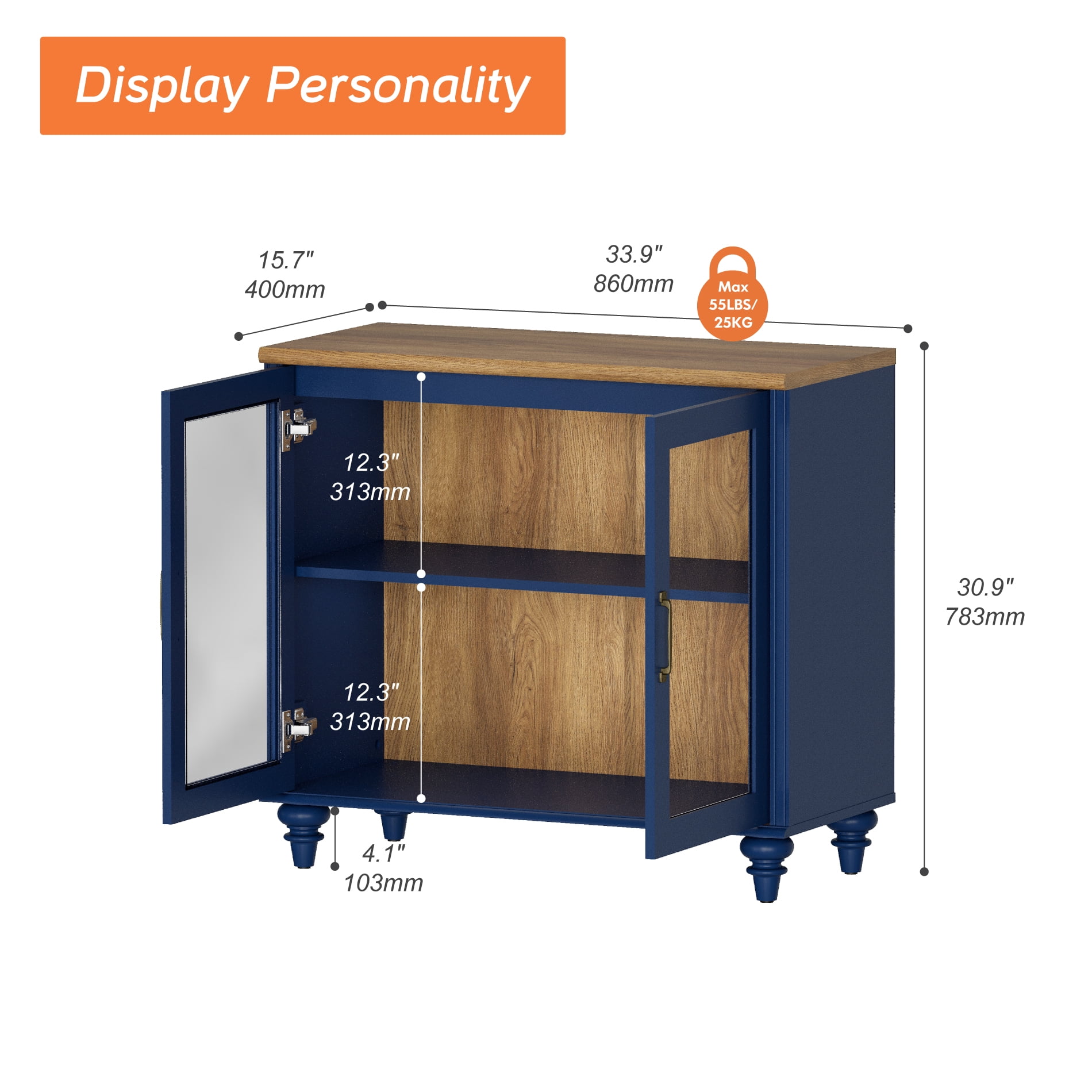 34" Buffet Cabinet with 2 Glass Doors, Kitchen Storage Cabinets, Wood Coffee Bar Table with Adjustable Shelf, Sideboard Credenza for Dining Room, Navy Blue