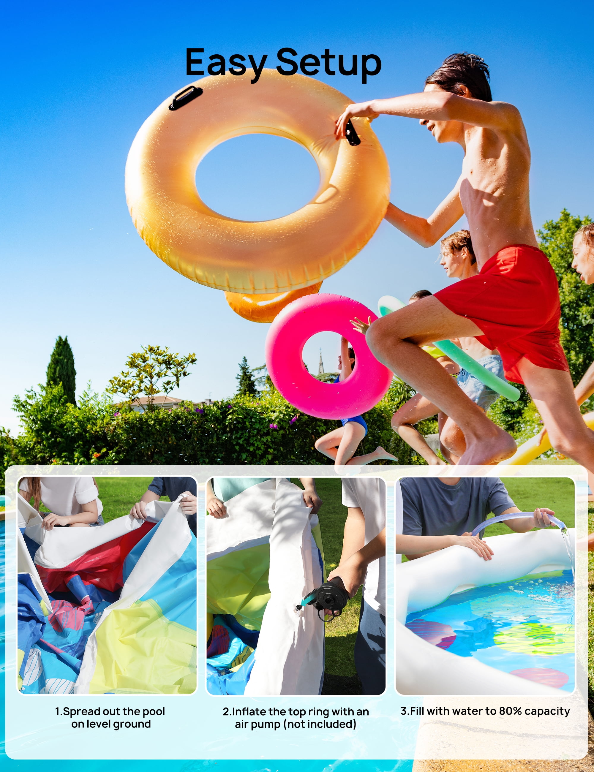 EVAJOY 18ft *48in Above Ground Pool with Filter Pump, Ladder, Ground Cloth and Cover, Easy Setup Inflatable Top Ring Swimming Pool for Adults Backyard Garden Party