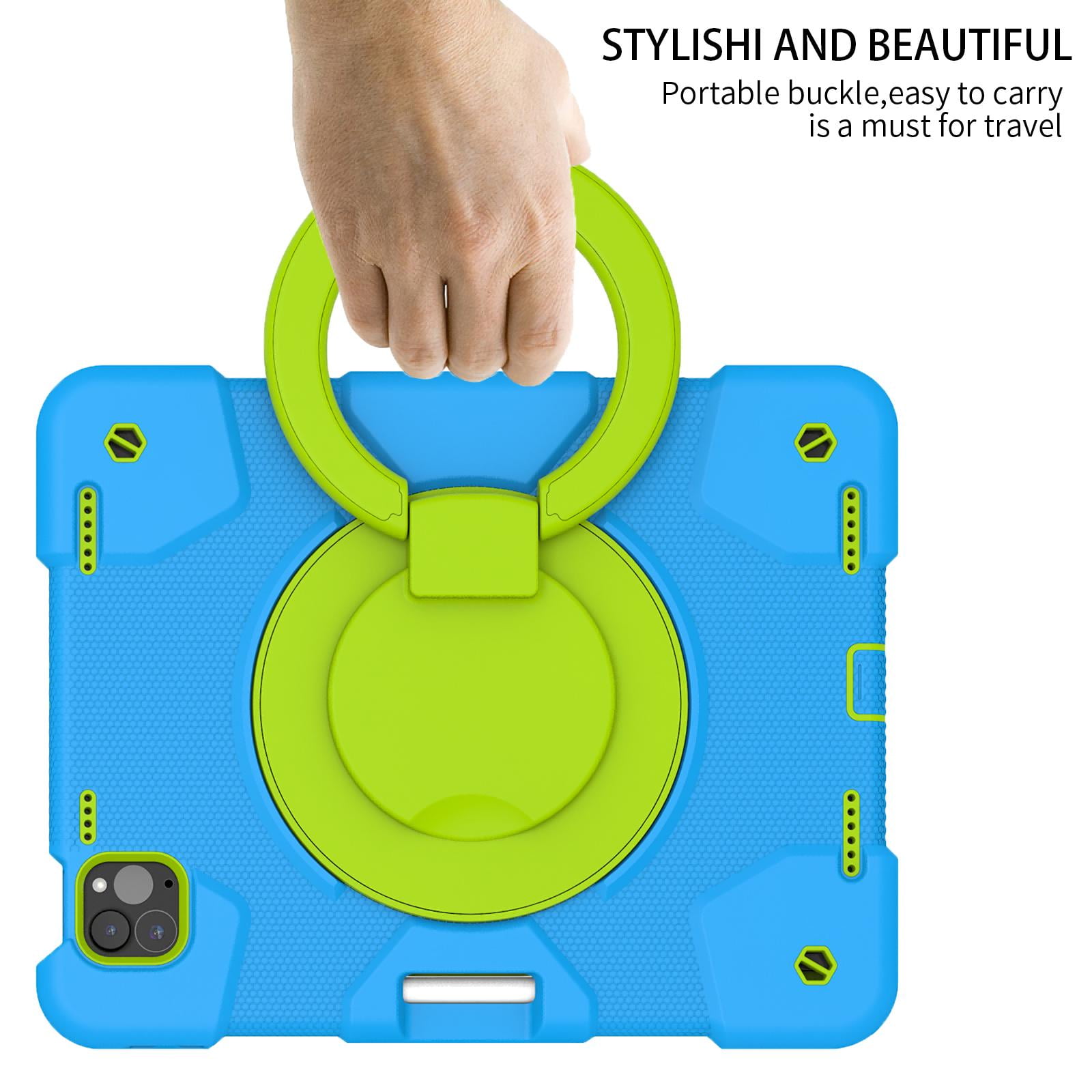 ELEHOLD Military Grade Shockproof Case For Apple iPad Air 11 (2024), Heavy Duty Protection Ring Stand Cover, Adjustable Angel, Detachable Shoulder Strap, Pencil Holder, Blue+Green