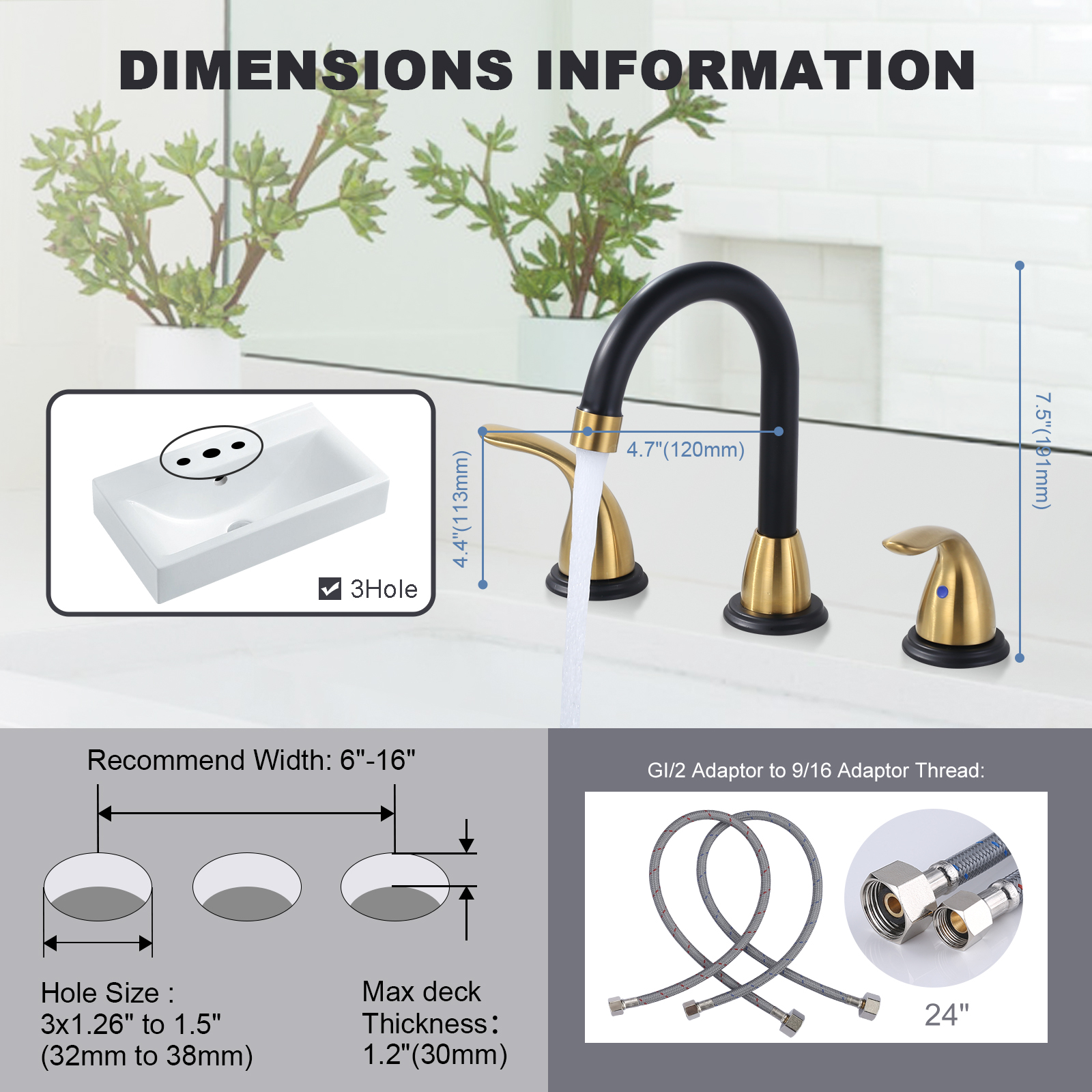 Wowow 2-Handle 6" and 8" Widespread Black and Gold Lavatory Faucet with Supply Hoses & Drain Assembly