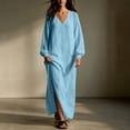 thumbnail image 4 of Edvintorg Women’S Dresses V Neck Long Sleeve Lightweight Cotton and Linen Loose Casual Dress Women Clothes S-2XL Light Blue, 4 of 7