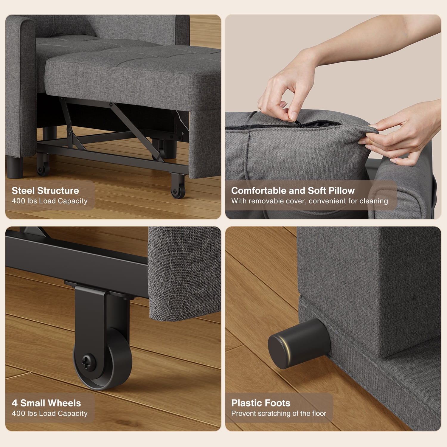 3-in-1 Convertible Sleeper Chair, Lightweight Foldable Sofa Bed for Small Spaces, Linen Upholstery, Dark Gray