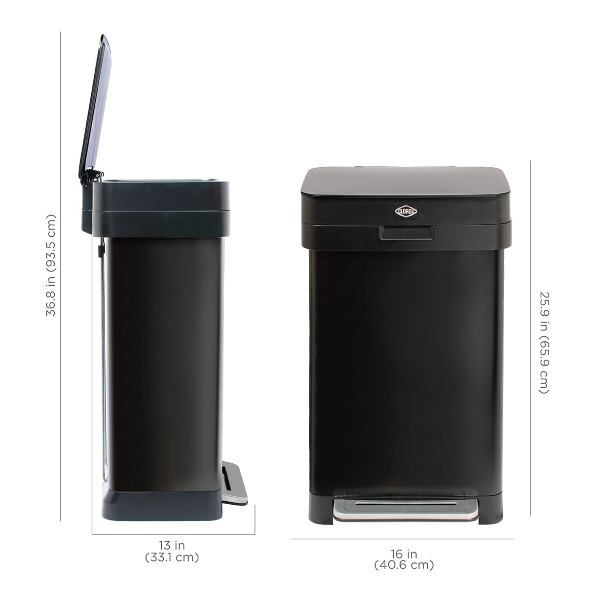 Clorox Trash Can, 13 Gal Stainless Steel Kitchen Garbage Bin with Wide Step Pedal, Black
