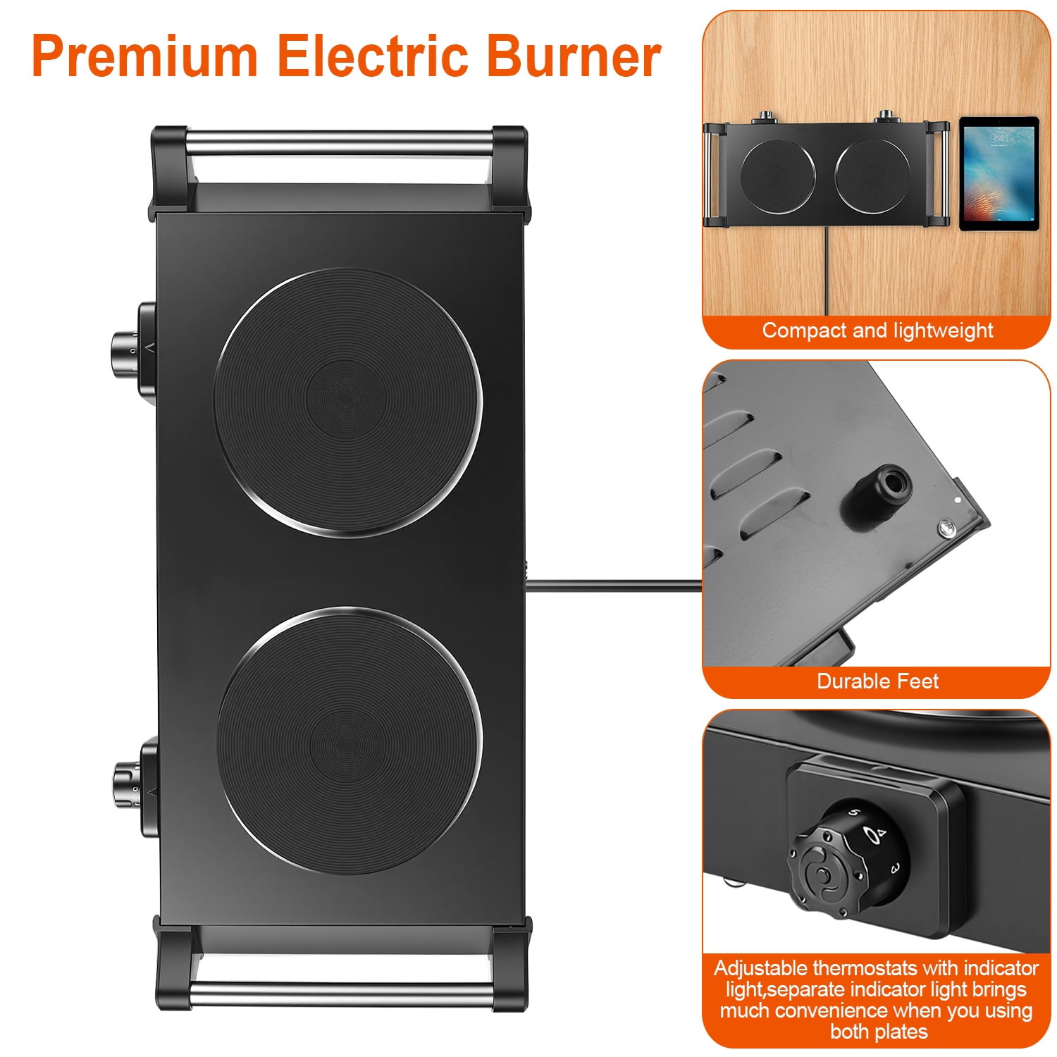 2000W Dual Burner Electric Hot Plate 21.26in 5Temperature Levels 392-932F 110V Black Quick Iron Portable Countertop Stove Coil Heating Flat Cookware Compatible Dorms RVs Apartment Easy Clean Cooking