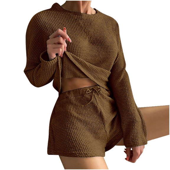 Edvintorg Women's 2 Piece Outfits 2025 Fall Winter Long Sleeve Crewneck Pullover Tops And Shorts Sweater Tracksuit Pajama Sets