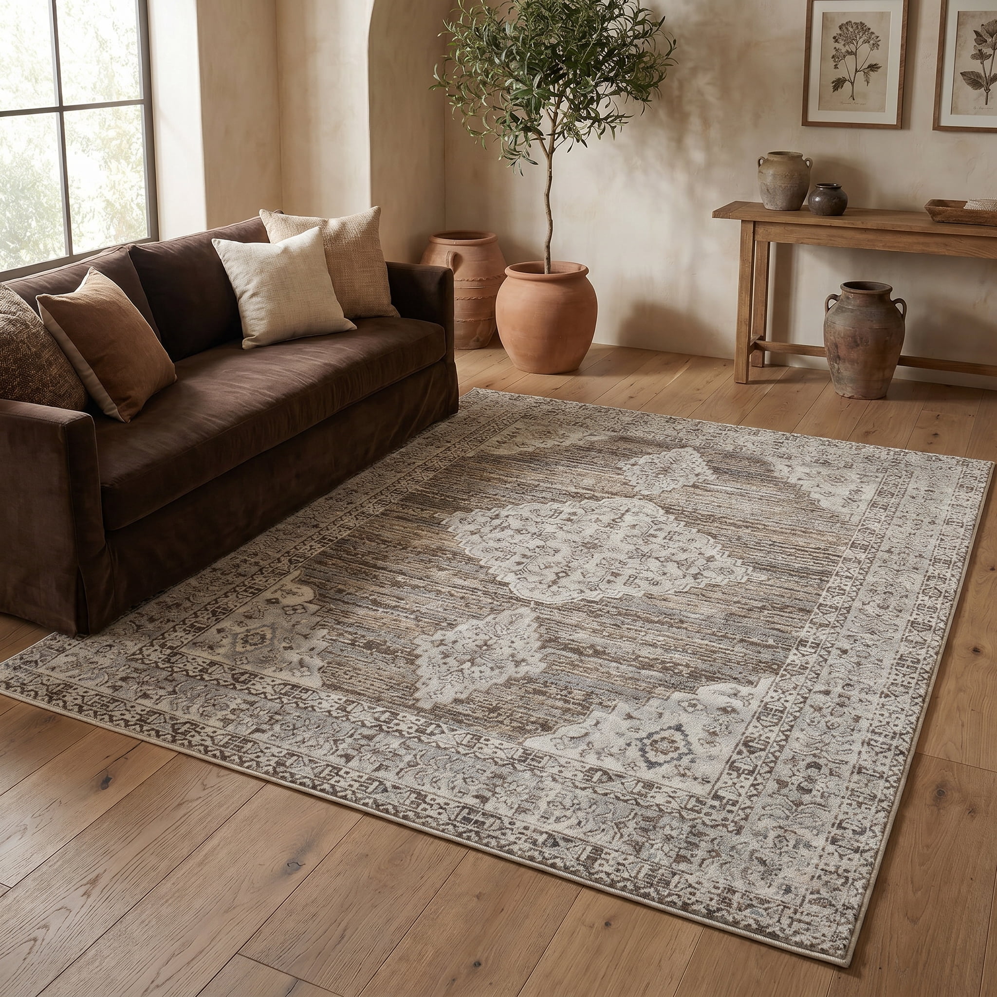 Rug Branch Nomad Vintage Indoor Area Rug, Beige Brown, Distressed - Living Room, Bedroom, Dining Room, and Kitchen