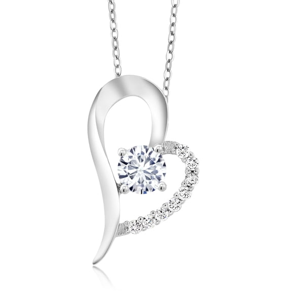 Gem Stone King 925 Sterling Silver Round White Moissanite Pendant Necklace for Women (1.12 Cttw, with 18 inch Silver Chain)